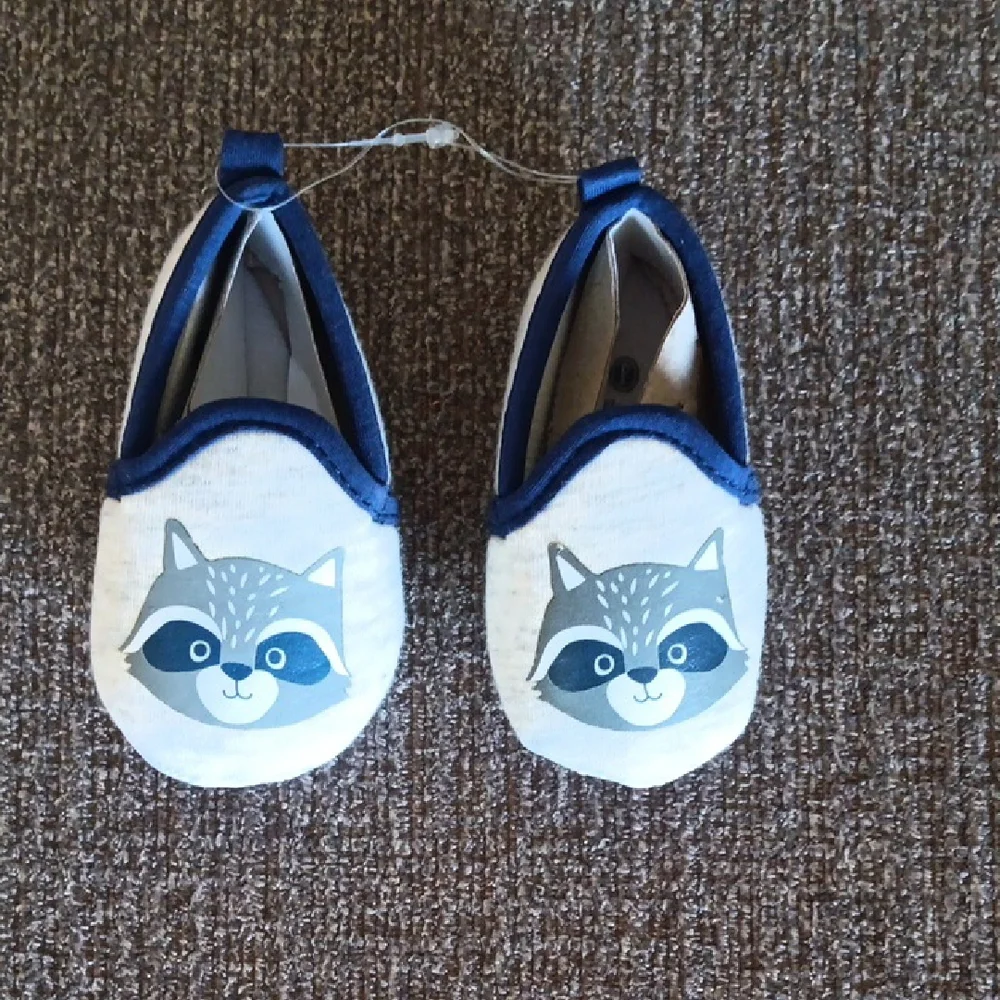 Blue and White Raccoon Baby 3-6 Mon Slippers. So Cute!! Brand New.